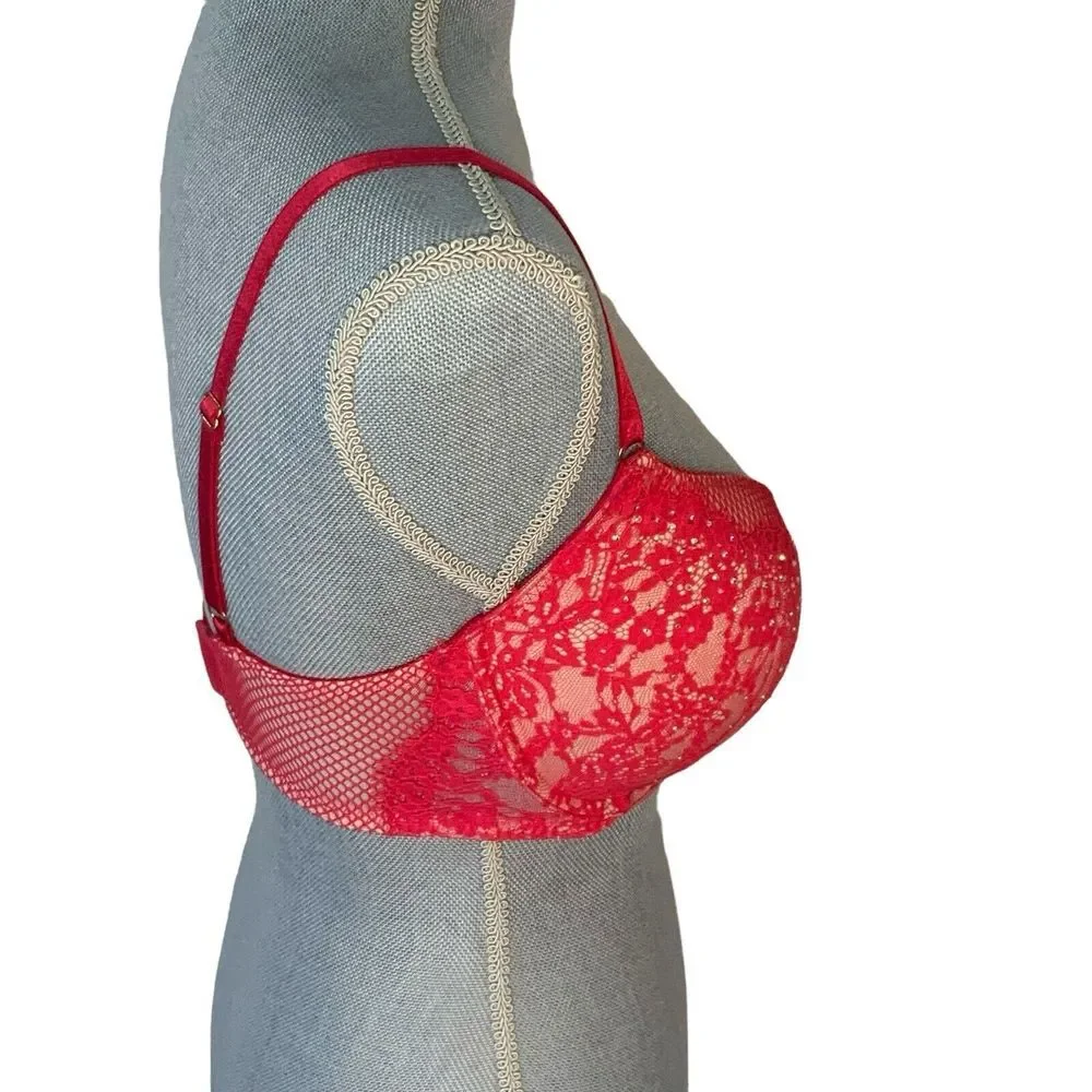 Victoria's Secret Very Sexy Hot Pink Push Up 34DD Bra Fishnet‎ Lace Bling READ